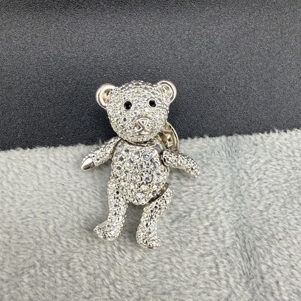 Vintage Napier Brooch Articulated Teddy Bear Silver Tone Rhinestone Signed